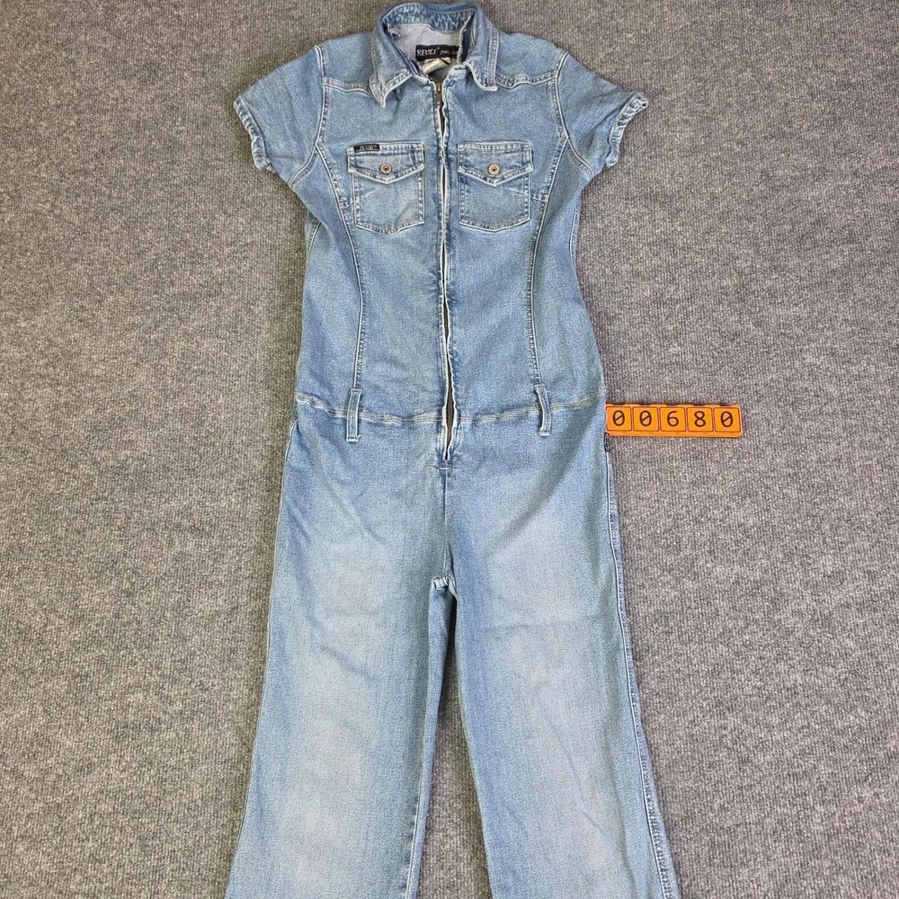 Y2K Revolt blue denim jumpsuit with zipper front and pockets, size L.